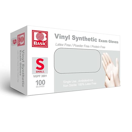 Basic Vinyl Synthetic Glove Latex Free Powder Box of 100 (Clear, Small)