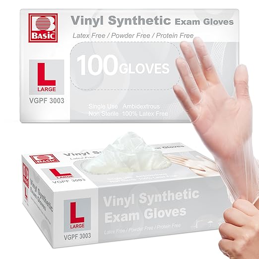 Basic Vinyl Synthetic Glove Latex Free Powder Box of 100 (Clear, Large)